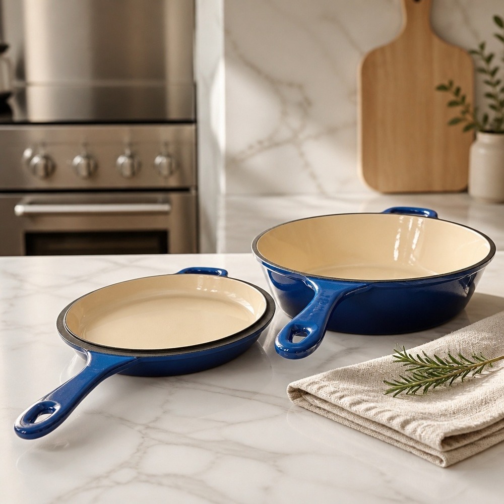 Blue Enameled Cast Iron Skillet Set 2 Piece Deep Pan and‎ Shallow Lid Skillet